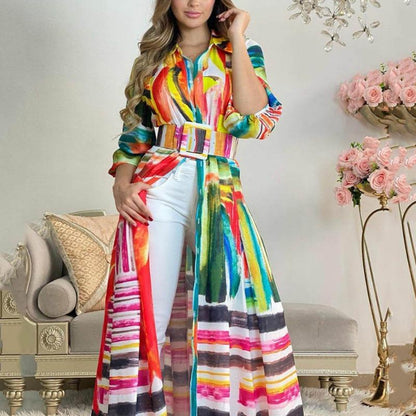 GUJI—244 2024 New Colorful Printed Tie-Waist Long Shirt Dress - Loose Open Cardigan Maxi Dress