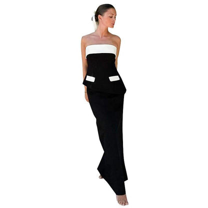 GUJI—376 Color Block Tube Top And Slit Long Skirt Set