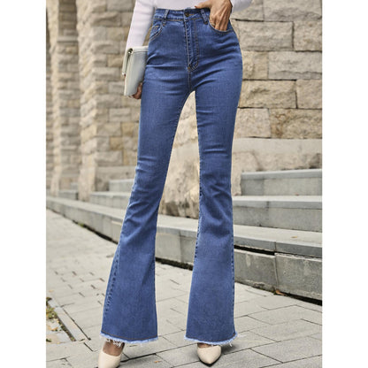 GUJI—191 High-Waisted Spring And Autumn New Style Flared Wide-Leg Elastic Slimming Patchwork Denim Bell-Bottom Pants Fashion teacher clothes