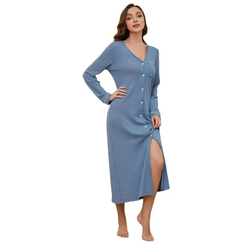 GUJI—270 Long-Sleeve Waffle Knit Nightdress For Women - Autumn/Winter Long Home Shirt Dress, Suitable For Outerwear Pajamas Sleepwear