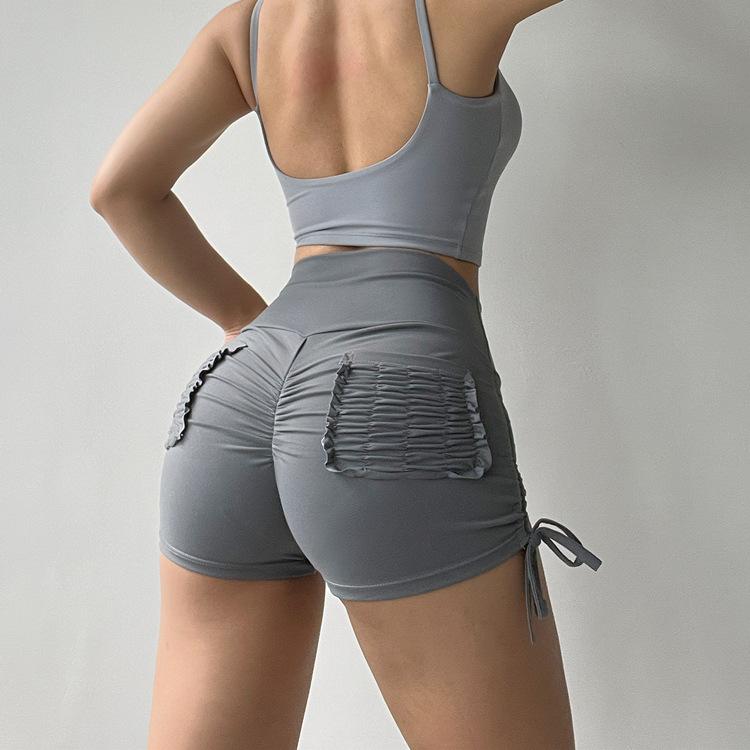 GUJI—-106 Women's High-Waisted Tie-Up Athletic Shorts - Summer Butt-Lifting Tight Elastic Running Pocket Yoga Fitness Shortsfashion Distressed Denim Fitted Fashion pants