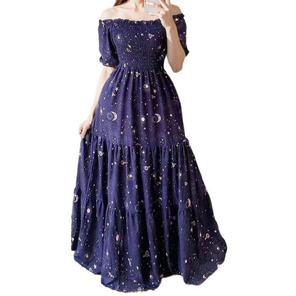 GUJI—397 Women's Off-Shoulder Fashionable Floral Print Long Dress