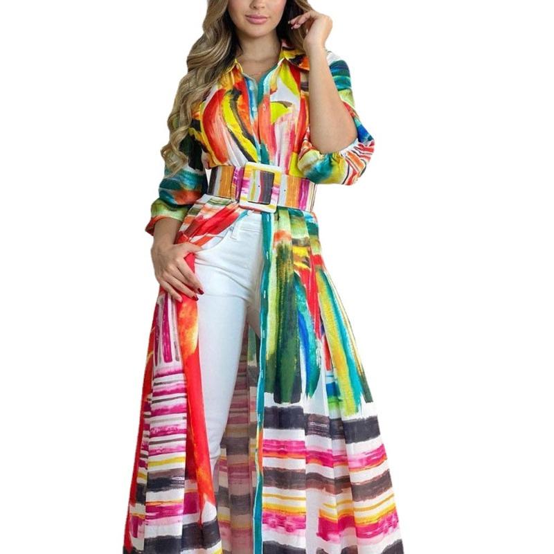 GUJI—244 2024 New Colorful Printed Tie-Waist Long Shirt Dress - Loose Open Cardigan Maxi Dress