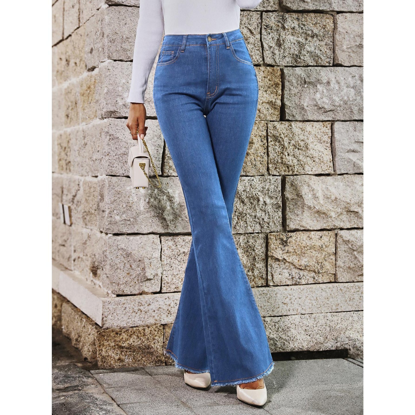 GUJI—191 High-Waisted Spring And Autumn New Style Flared Wide-Leg Elastic Slimming Patchwork Denim Bell-Bottom Pants Fashion teacher clothes