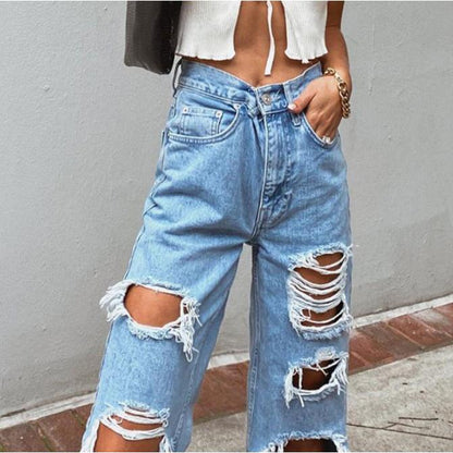 GUJI—227 Fashion Ripped Wide-Leg Lightweight Denim Jeans For Women