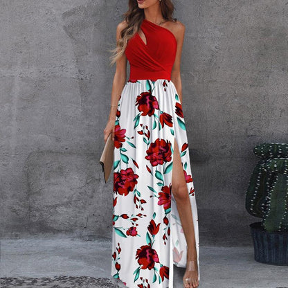 GUJI—326 New One-Shoulder Sleeveless Maxi Dress With High-Waisted Slit Design