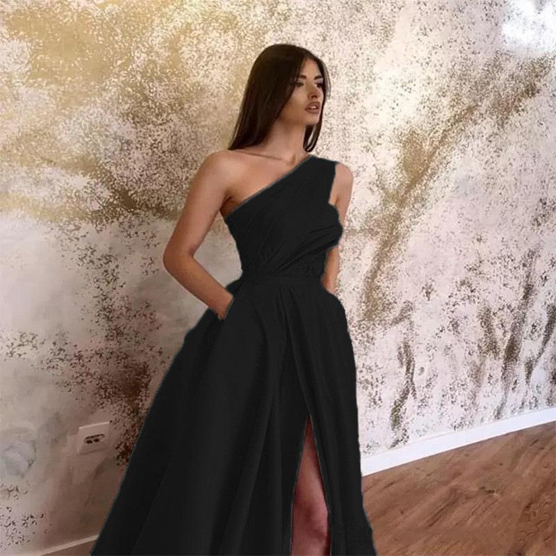 GUJI—255 Asymmetrical Shoulder Slit Evening Gown