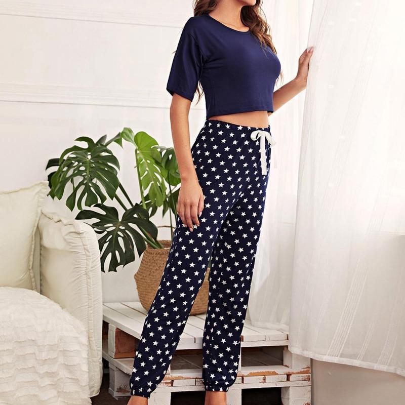 GUJI—281 Fashionable Sleepwear Set For Women - Summer, Lightweight, Slim Fit, Short Sleeve Top And Long Pants Two-Piece Loungewear nightgowns