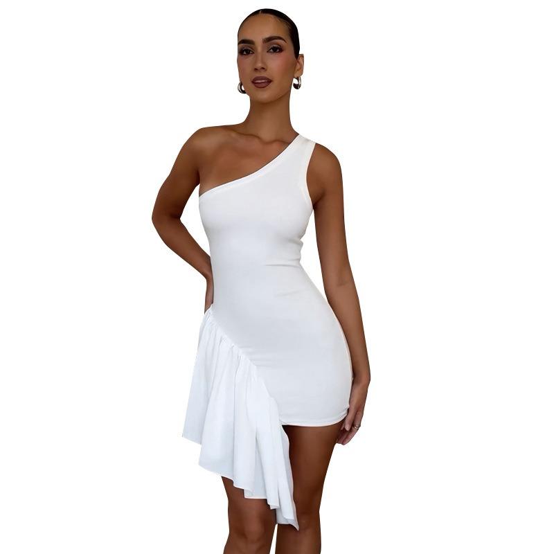 GUJI—377 Solid Color One-Shoulder High-Waist Backless Asymmetric Bodycon Dress