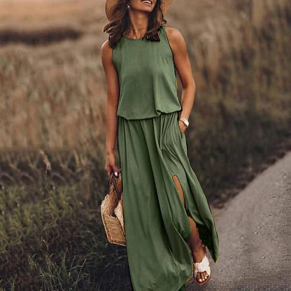 GUJI—331 Simple Sleeveless Round Neck Slit Dress