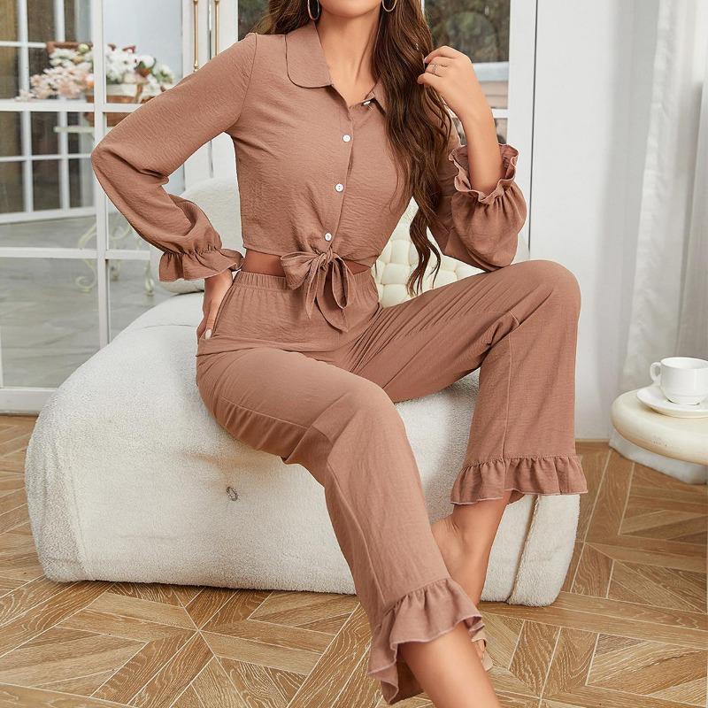 GUJI—278 Women's Ruffle Trim Cardigan And Pants Pajama Set - Autumn/Winter Loungewear Pajamas Sleepwear