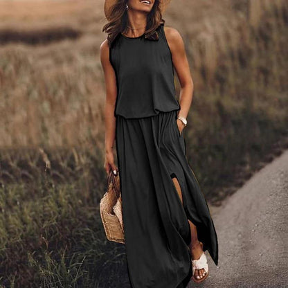 GUJI—331 Simple Sleeveless Round Neck Slit Dress